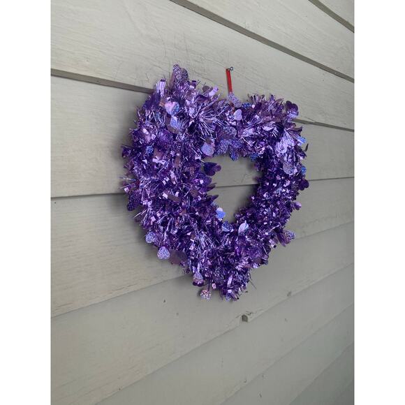 14” Purple Tinsel Heart Valentines Day Wreath Door Hanger Wall Decor - Picture 6 of 6